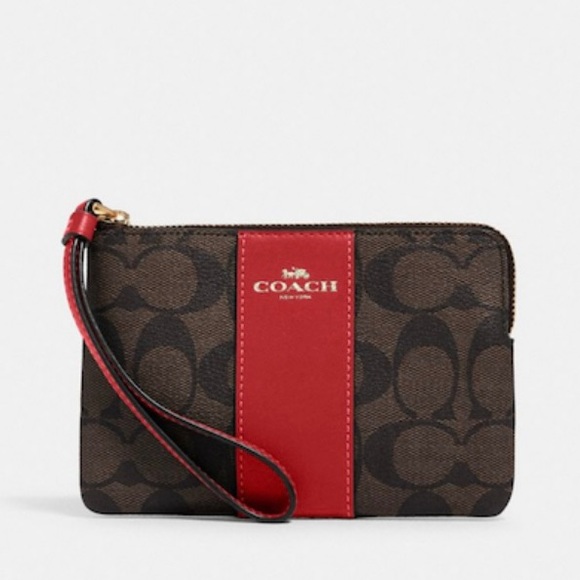 NWT Coach corner zip wristlet in Sig Canvas gold/brown 1941 Red - Picture 1 of 5